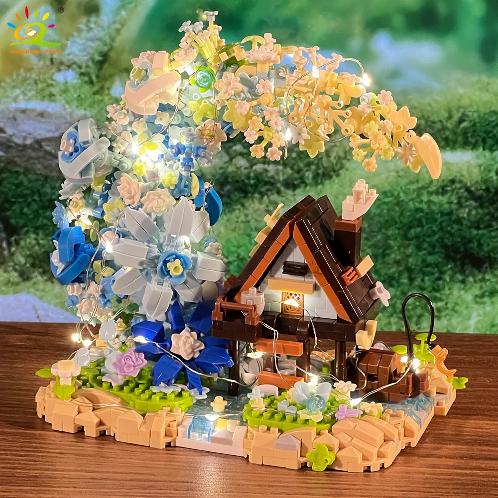 HUIQIBAO 1343 Uds. MOC Luna flor casa Micro bloque de construcción casa de madera modelo diamante ladrillo juguete para niños decoración de escritorio
