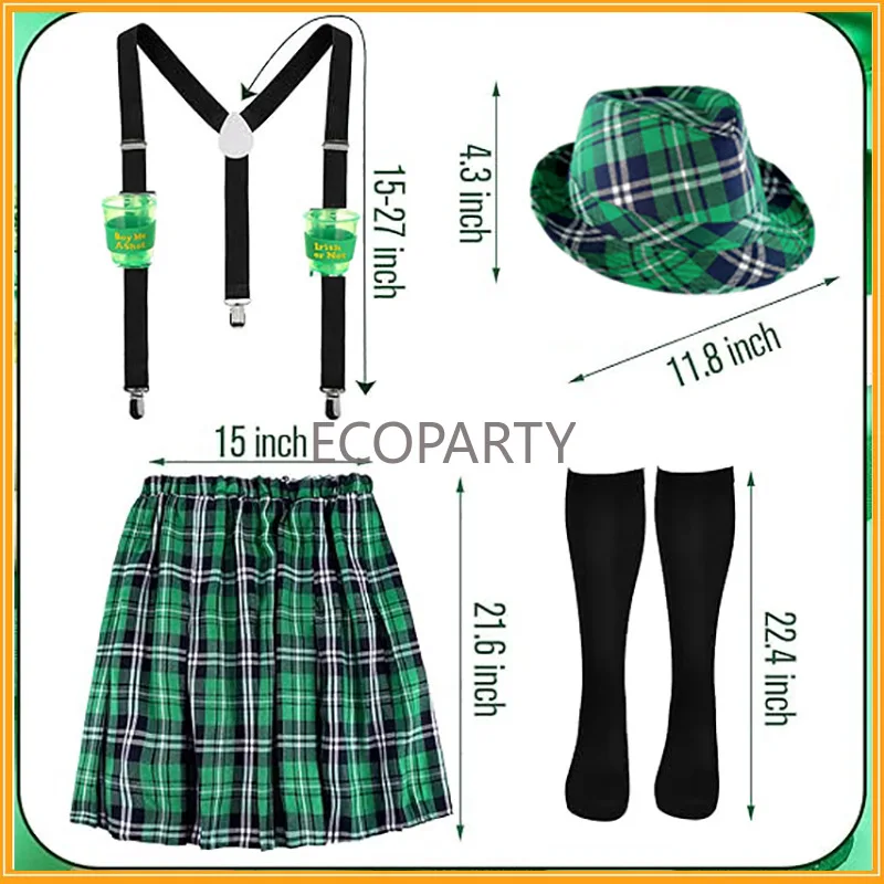 Conjunto de disfraz del Día de San Patricio, falda a cuadros verde, tirantes, sombrero y calcetines, recuerdo de fiesta del Festival irlandés, conjunto de vestir del Día de San Patricio