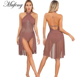 Women Girls Lyrical Dance Costume Halter Neck Rhinestone Ballet Gymnastic Leotard Dress Ballroom Modern Contemporary Dance Dress