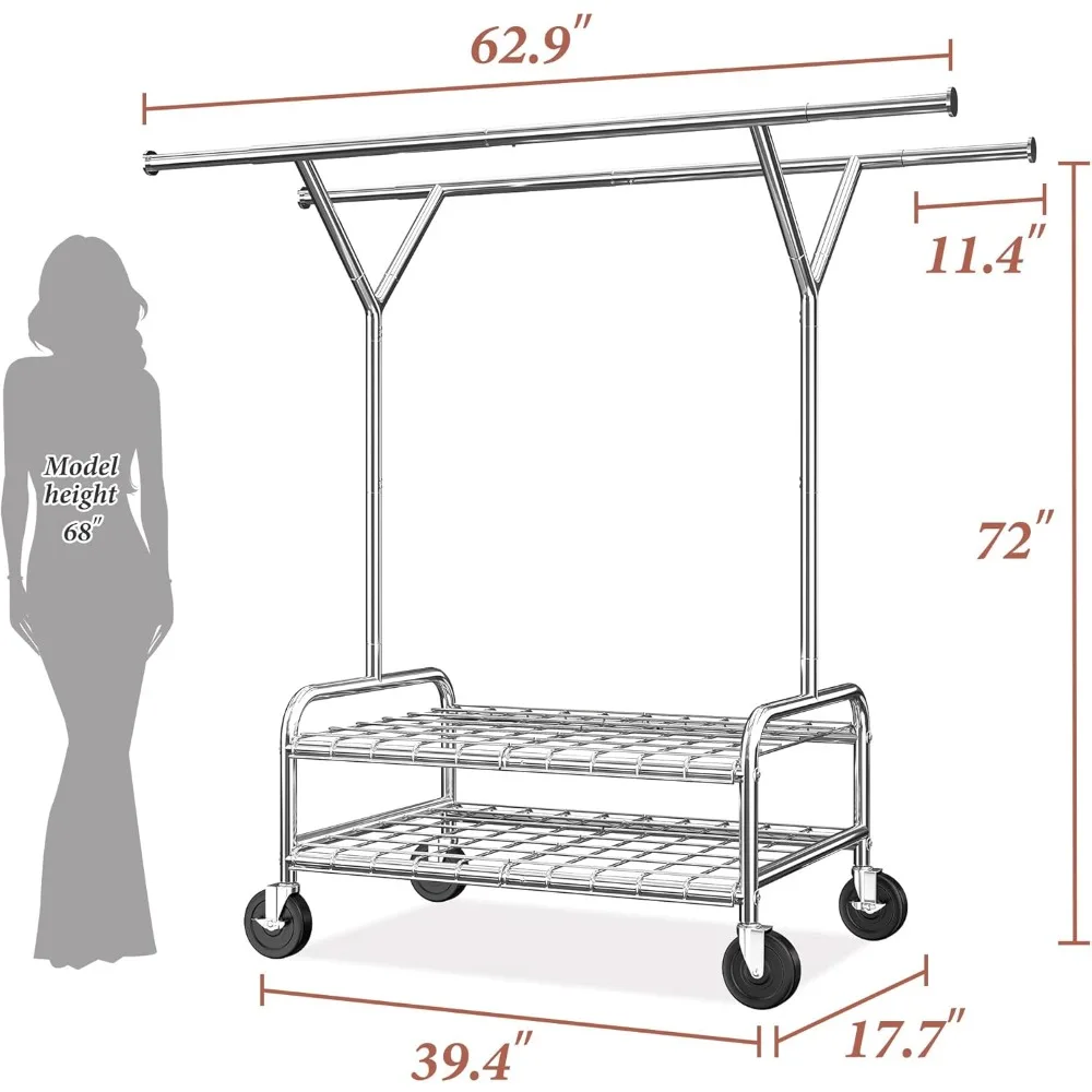 رف ملابس ذو قضيب مزدوج عالي التحمل، سعة 500 رطل، لتعليق الملابس بعجلات، مثالي للمنزل والتجاري