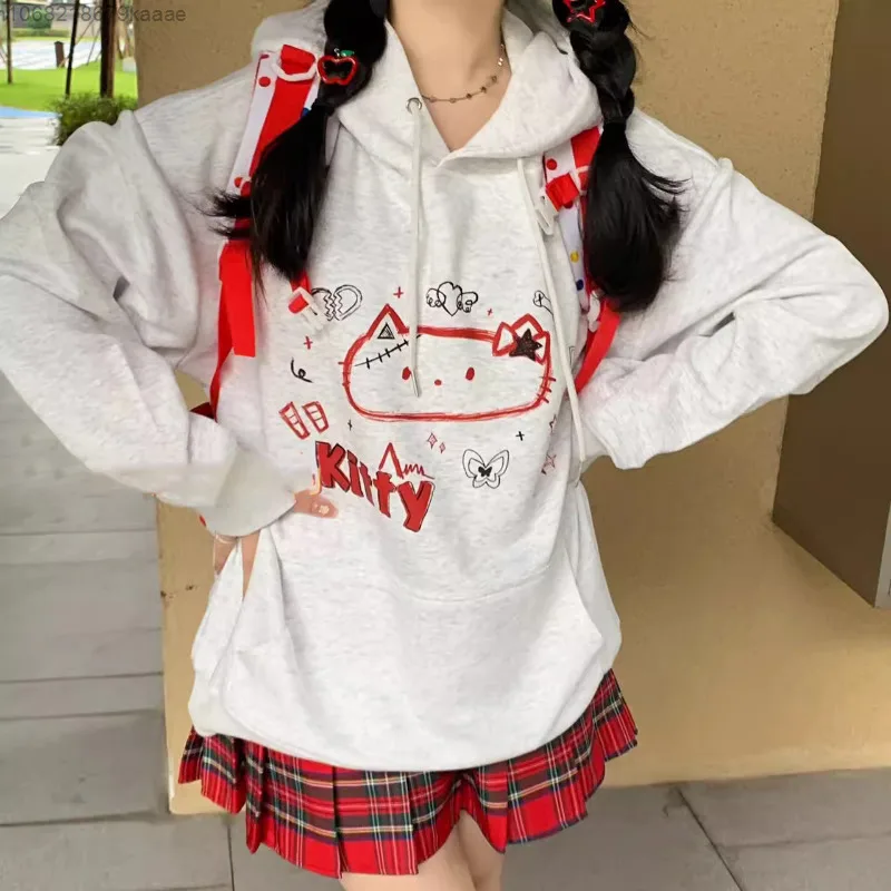 Sanrio Hello Kitty Cute Printed Hoodies For Women Autumn Winter New Niche College Style Pullovers Loose Casual Versatile Tops