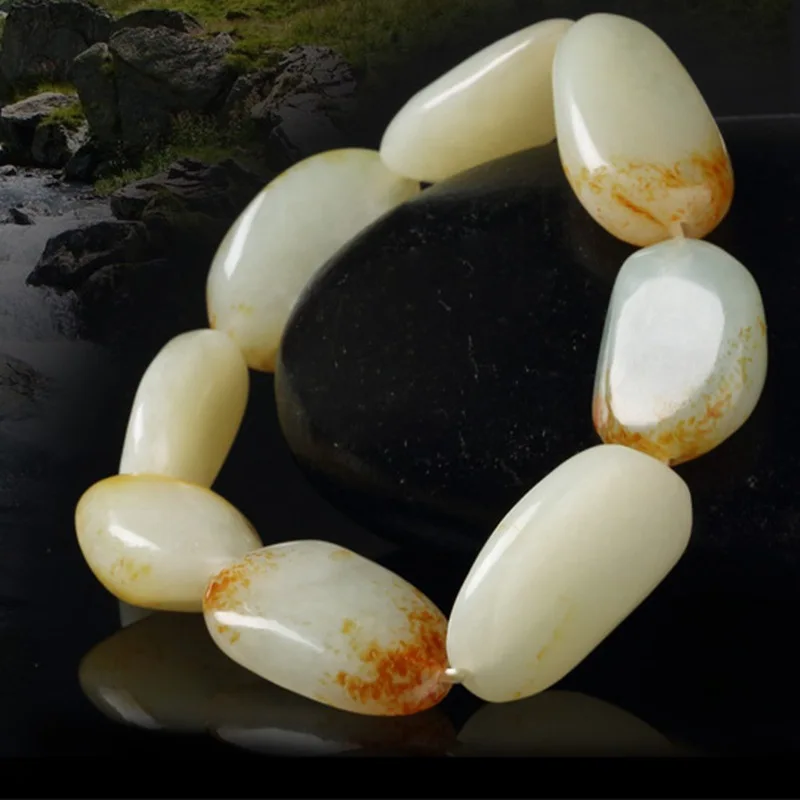 Hetian Stone, White Men'S Bracelet, Red Jade With Natural Texture