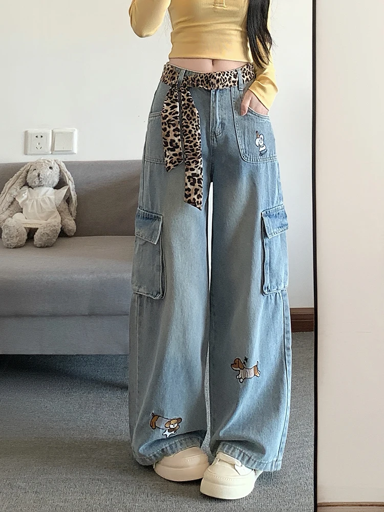 

Cartoon Embroidery Cargo Jeans Women Loose Vintage Leopard Belt Wide Leg Denim Pants Spring Autumn Casual Pure Cotton Trouser