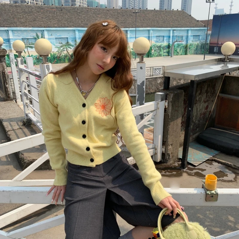 Women's Cardigan Daisy Embroidery V-Neck Long Sleeve Knit Cardigan for Autumn Winter Daily Outing and Travel