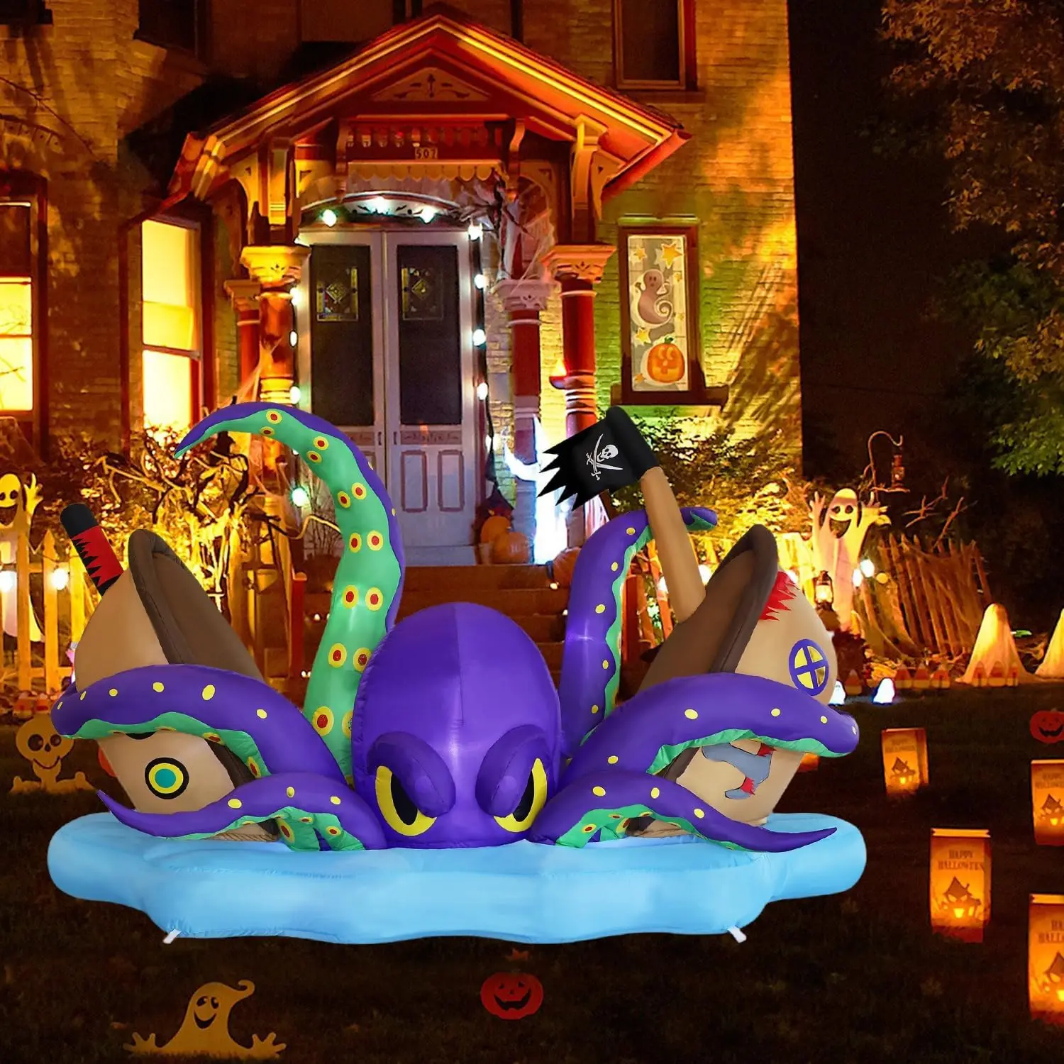 Halloween Inflatable Lighted Giant Octopus Attacked Pirate Ship, 7.5FT Long Spooky Purple Octopus & Haunted Ship with Lights, An