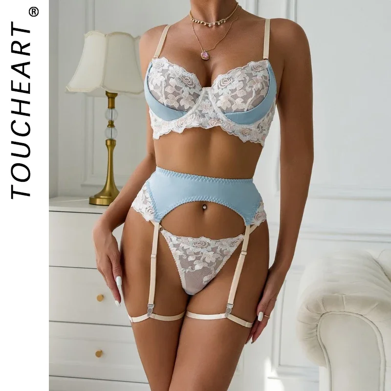 

Toucheart Sexy Embroidery Lingerie Suit for Women Mesh Patchwork Lace Women's Underwear Suit Contrast Color Garters Underwear