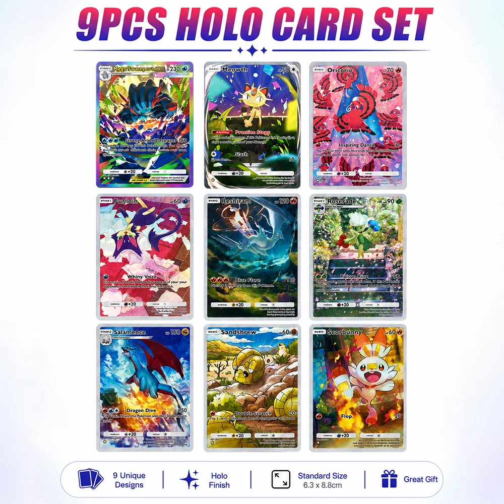 

9PCS PTCG Full Art Holo Trading Card Set Meowth Reshiram Roserade Salamence Scorbunny Collector Display Gift Collection Cards