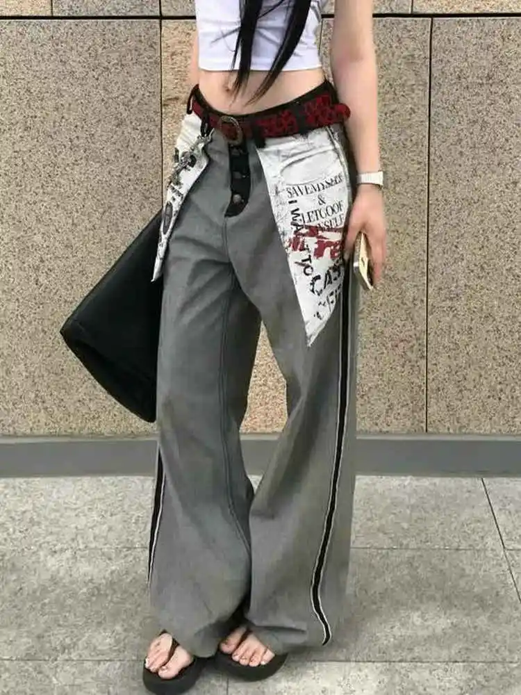 

Design sense retro reverse pocket printed washed denim jeans for women 2025 summer street fashion spicy girl pants