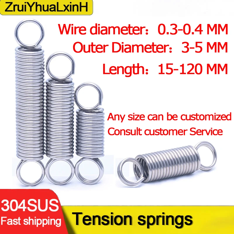 10Pcs 304 Stainless Steel O-ring Spiral Tension Spring, Steel Wire Diameter: 0.3/0.4mm Outer Diameter：3-5mm Length：15-120mm