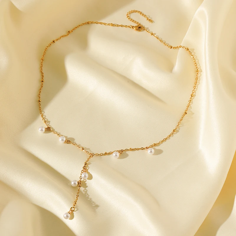 EILIECK 316L Stainless Steel Pearl Tassel Pendant Necklace For Women Fashion Collar Neck Chain Waterproof Jewelry Birthday Gift