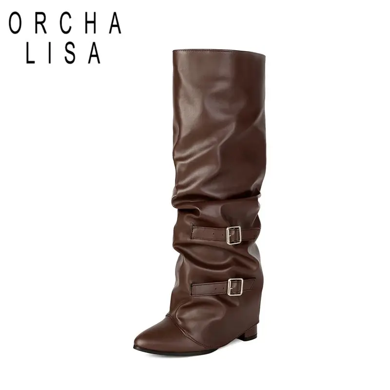 ORCHA LISA Flock Womens Knee High Footwear 10cm Block Sole Sharp Toe Pull On Waist Belt Fastening Oversize 44 45 46 47 48 White