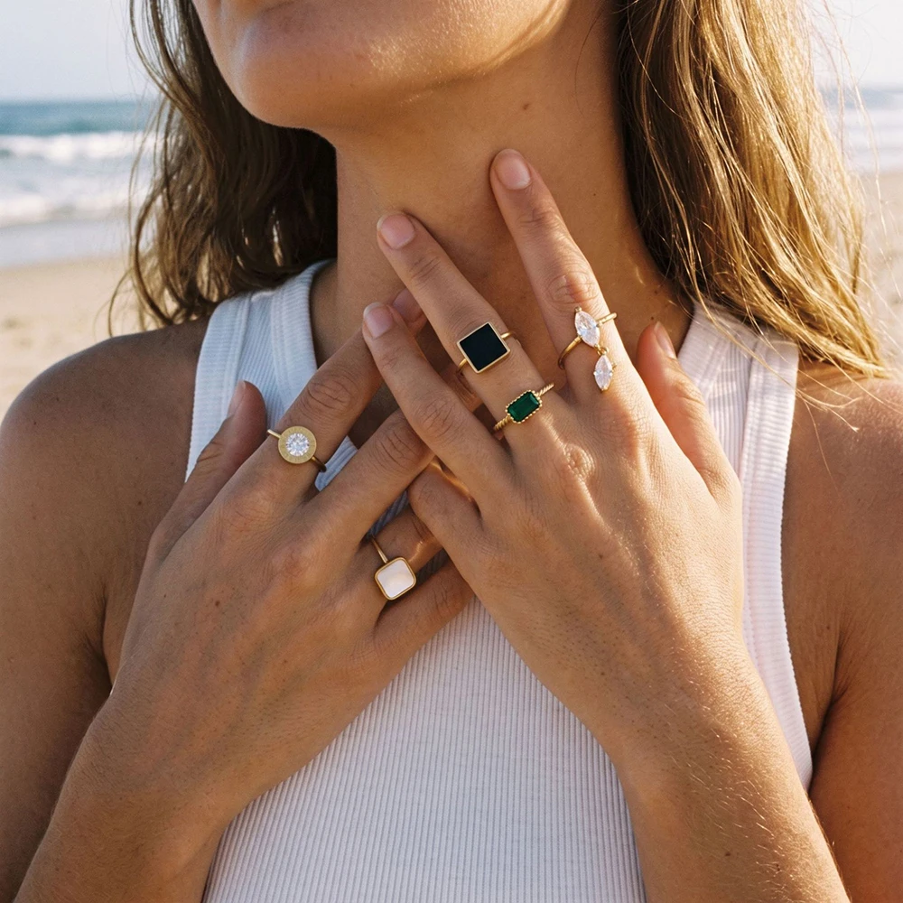 CoolTime Zircon Geometric Roman Numeral Crystal Women Rings Green Emerald Gothic Cross Bypass Rings Multi Style Wholesale