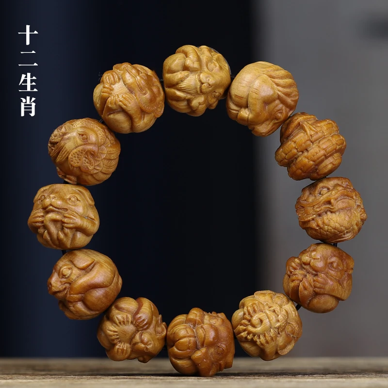 UMQ Natural Sandalwood Double-Sided Carved Twelve Zodiac Wooden Beads Bracelet Men's and Women's Wenwan Beads Jewelry