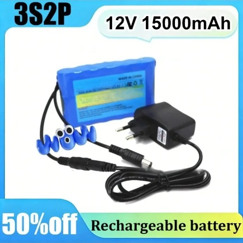 

Литиевая аккумуляторная батарея 12В 30000мАч 3S2P 18650 с зарядным устройством 1А, портативный перезаряжаемый источник питания для 12В светодиодных ламп и камер видеонаблюдения