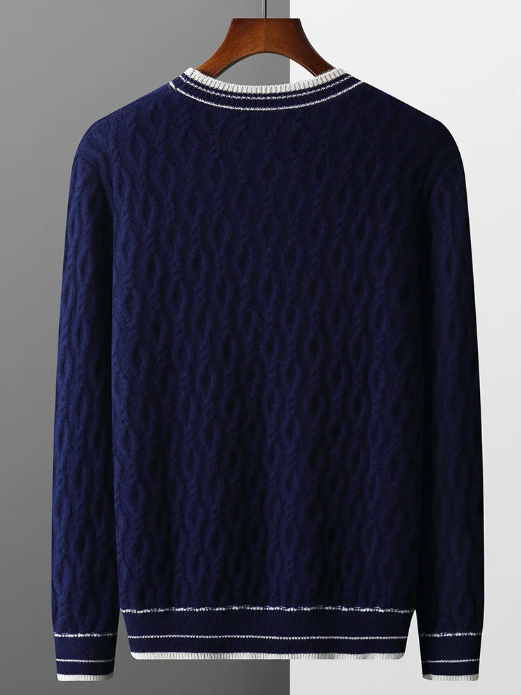 Autumn Winter Sweater Pullover Clothing 100% Merino Wool Basic Men's Sweater Casual Thicked Warm O-Neck Colorblock Jacquard Knit
