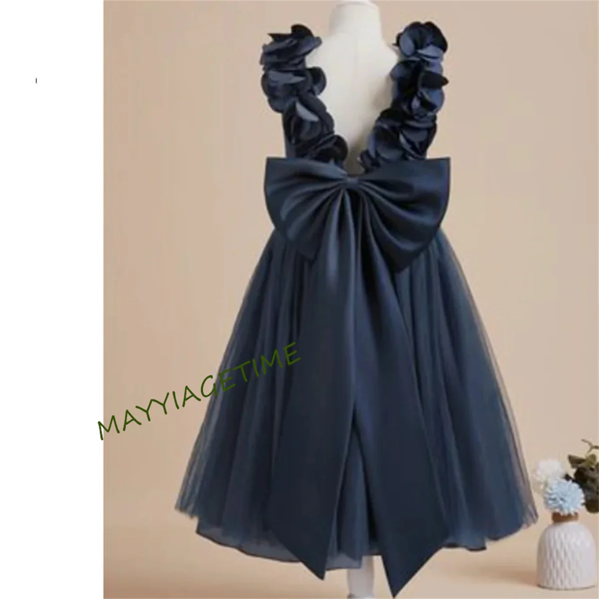 CustomFlower Girl Dress Kids Birthday Sleeveless Princess Ankle Length Tulle Simple Flower design Wedding Lace Bow Navy Evening