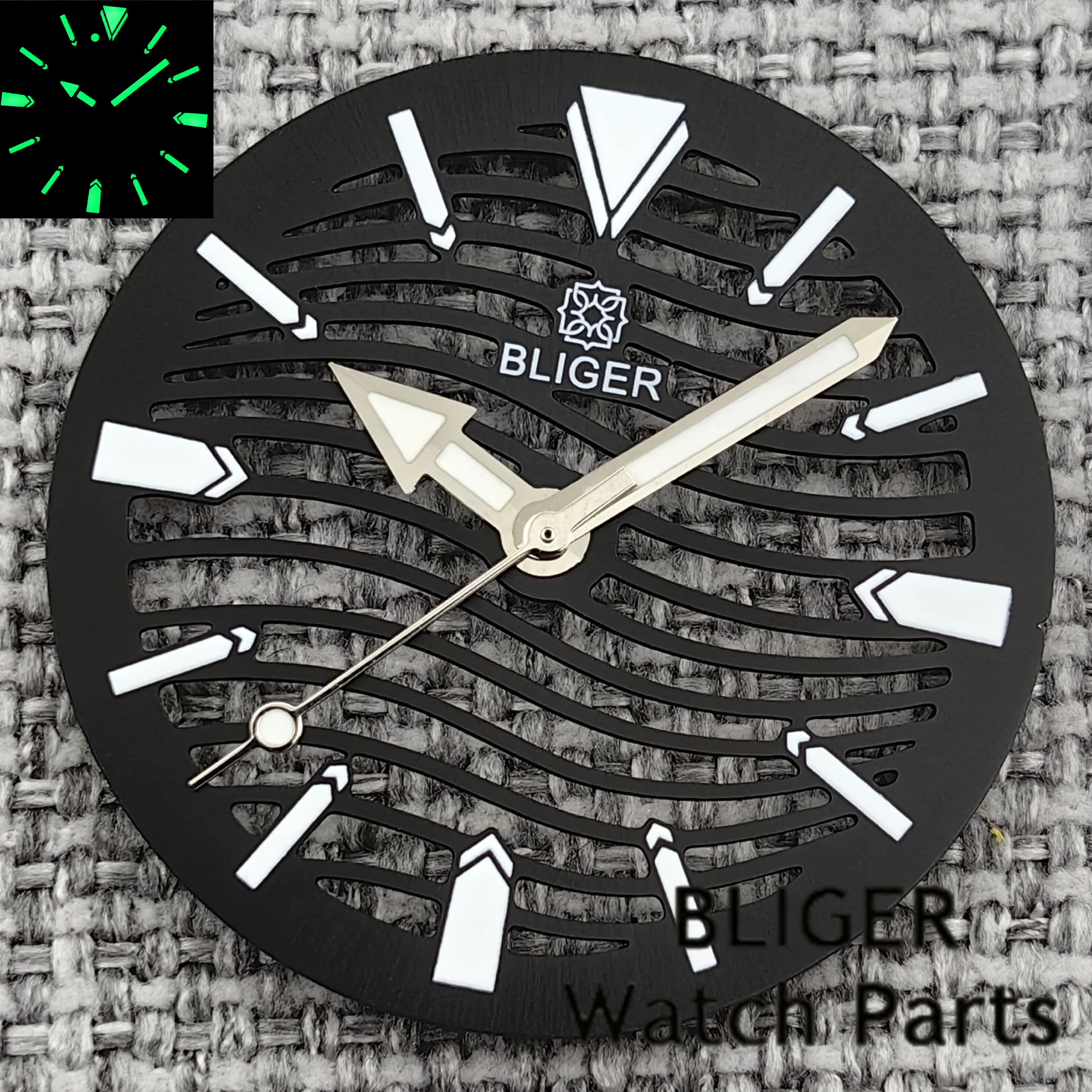 BLIGER New Hollow-out Watch Dial And Skeleton Hands Fit 29mm Black Silver Blue Green Dial C3 Green Luminous Fit NH70 NH72