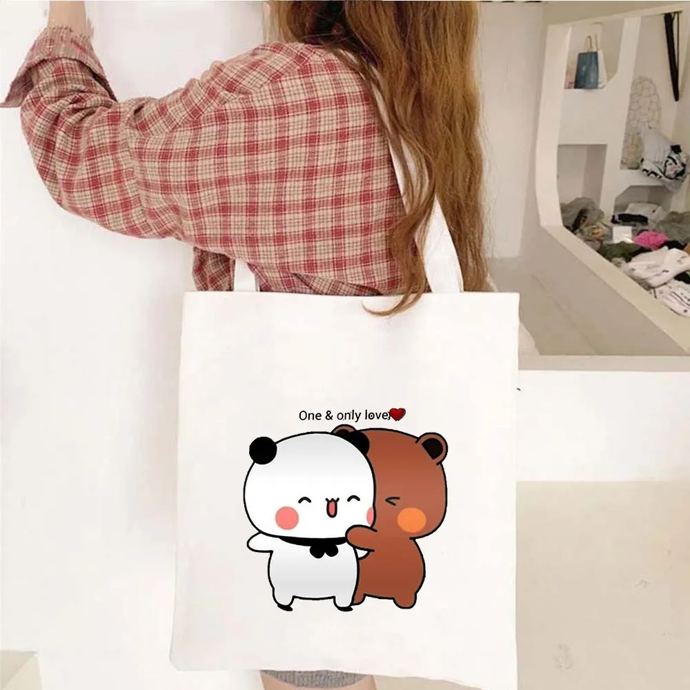 Lucu Kawaii beruang brownies beruang Bubu Dudu cinta pasangan indah wanita gadis katun belanja kanvas Totes tas Eco Shopper tas tangan