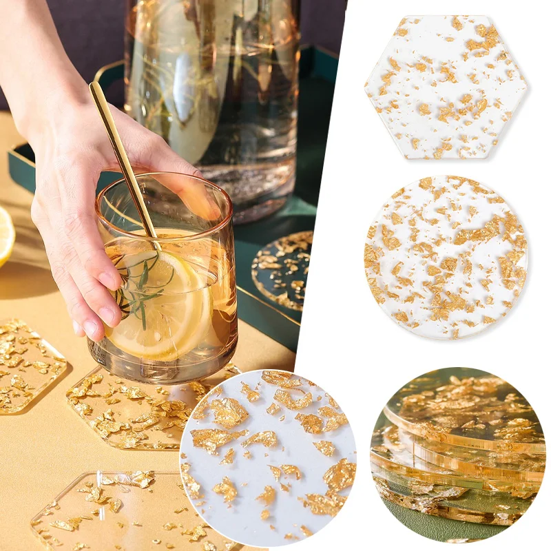 1/4pcs Coaster Acrylic Gold Leaf Tea Coaster European And American Creative Thermal Insulation Plexiglass Crafts Coffee Coaster