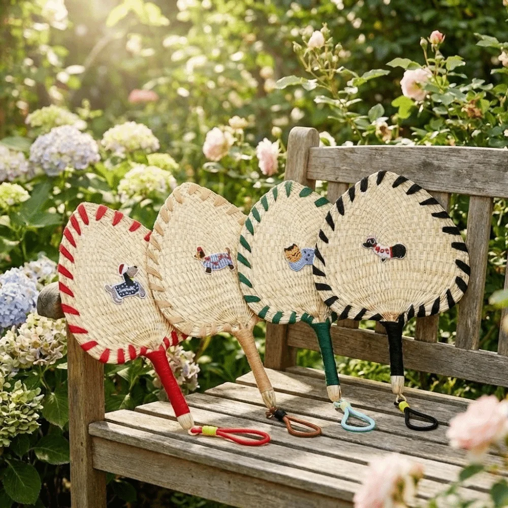 Portable Handmade Straw Woven Fan Animal Pattern Embroidered Patches Hand-Cranked Fan Hanging Cartoon Handheld Fan Gift Giving