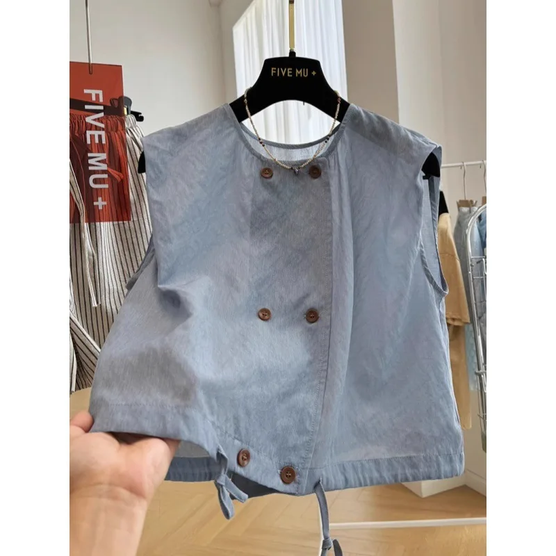 Plus size double-breasted vest vest jacket women summer new short round neck temperament fashion Joker thin.