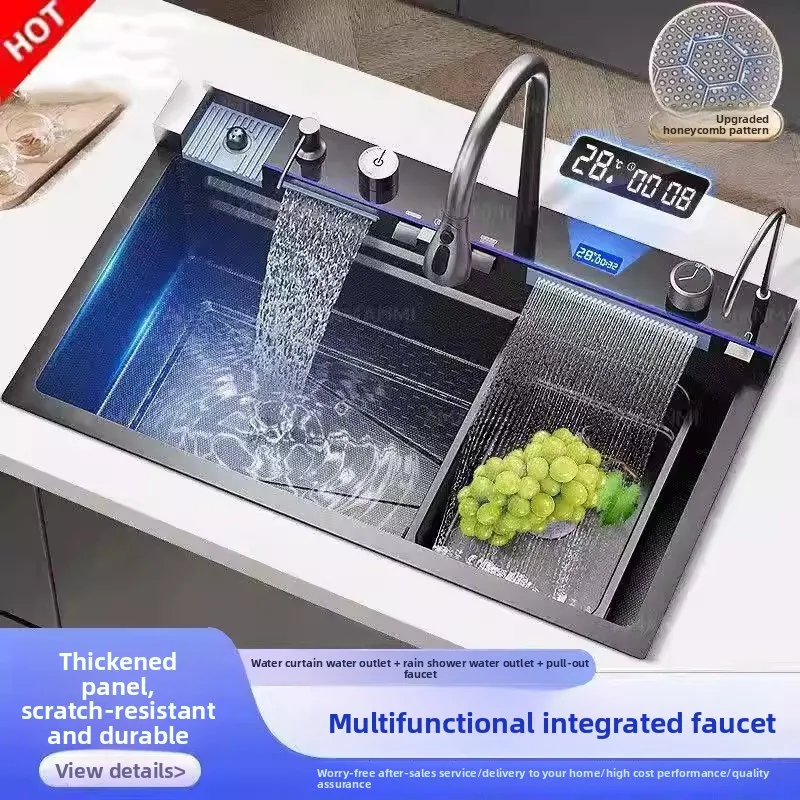 Waterfall Multifunctional Sink Honeycomb, Embossed Kitchen Sink Stainless Steel Large Single Slot