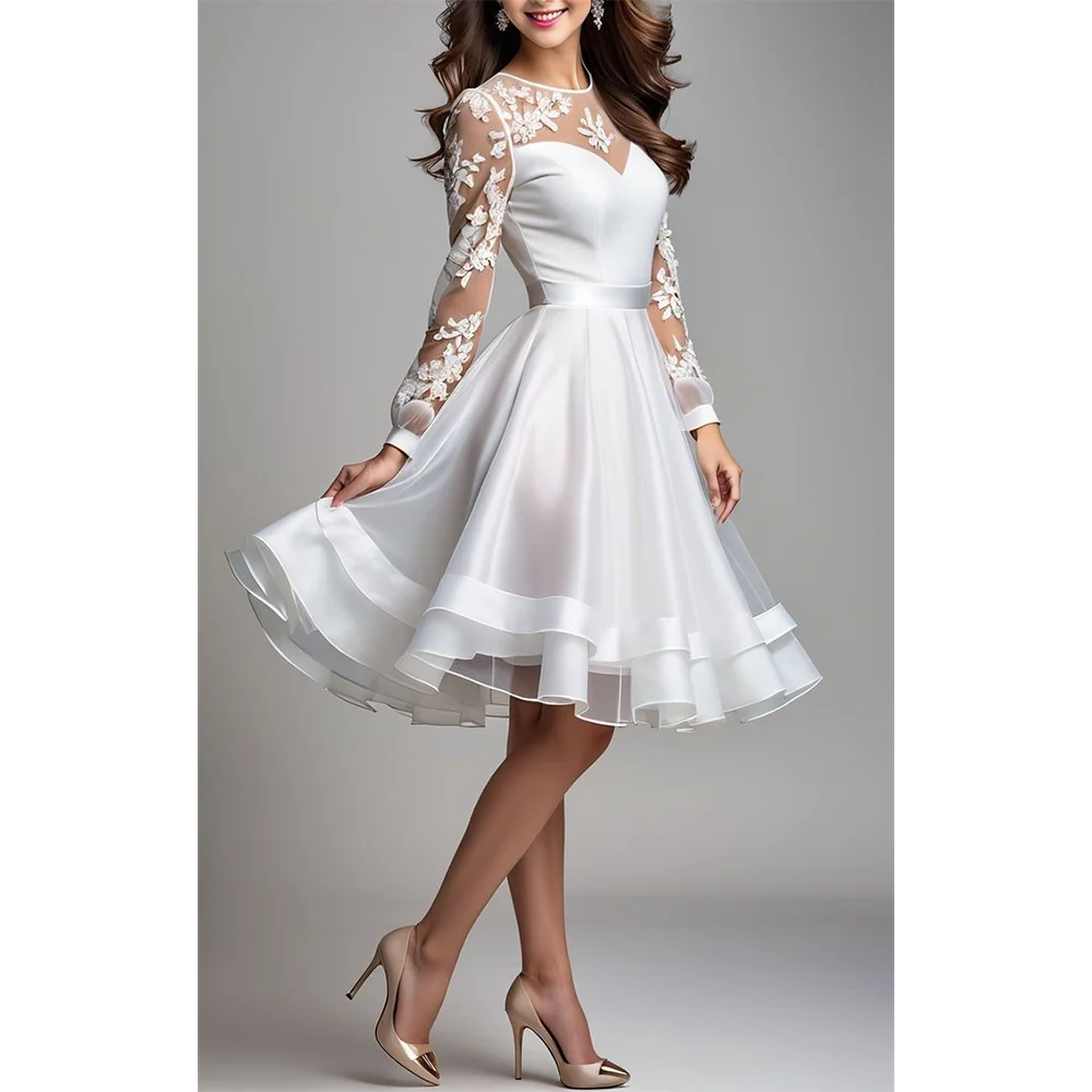 Summer New Style O Neck White Flower Tulle Lace Illusion Prom Gown A Line Long Sleeves Knee Length Party Dress