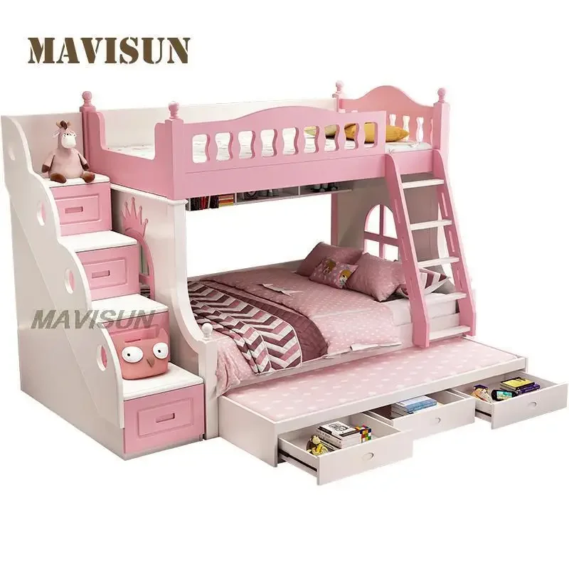 bed Modern Small Apartment Home Furniture Nordic Style Children Two-Layer With Drawers Suitable Pink Bunk  With Slide