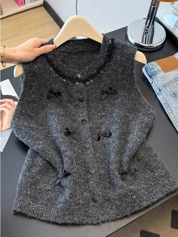 

Heavyweight Shiny Sequin Knot Single Button round Neck Knitted Vest Women's Spring Versatile Quality Cardigan