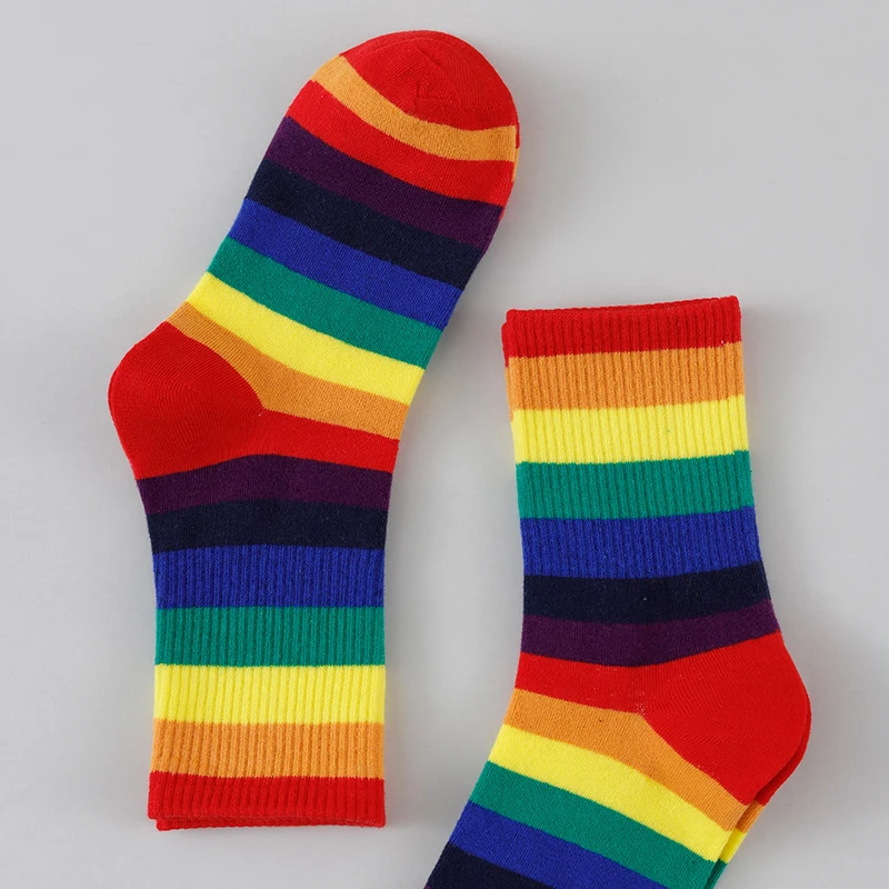 1/5/10/15/20 Pairs Random Women Mid‑Calf Socks, Classic Rainbow Stripe Design, Comfortable Breathable Preppy Style Casual Socks