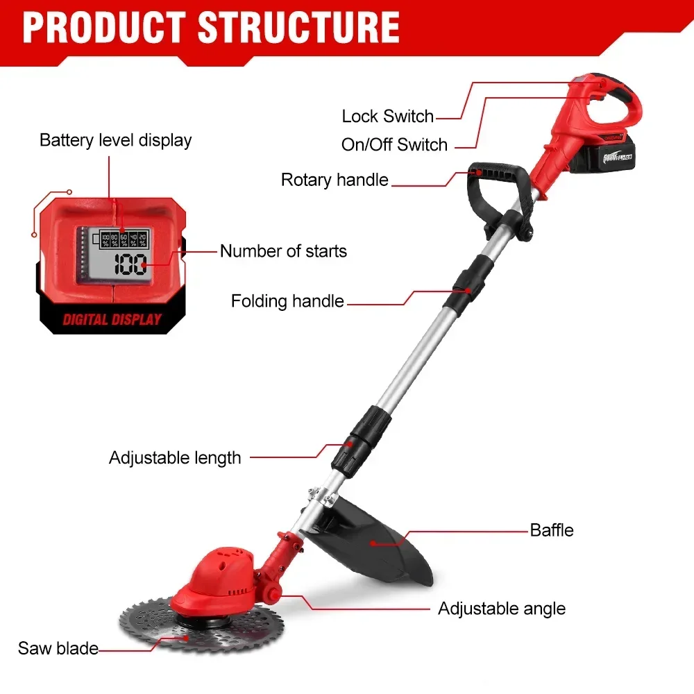 ONEVAN-cortacésped eléctrico sin escobillas, cortador de césped inalámbrico de 10 pulgadas, 36000RPM, herramienta de jardín plegable para batería