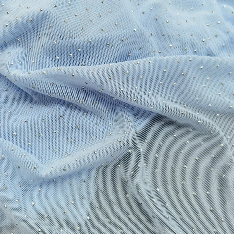 91cm幅のフルラインストーン高弾性メッシュ生地、不規則なホットフィックスブリンブリン宝石、超ソフトな40dポリエステルスパンデックス、diy衣類用