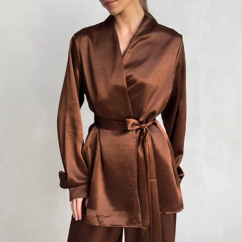 2026 New Women's Brown Satin Pajama Set with Lace-Up Design, Versatile Two-Piece Loungewear for Autumn in Europe and America