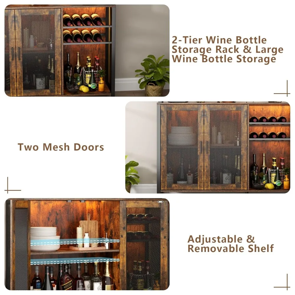 

Wine Bar Cabinet with LED Lights, Industrial Coffee Bar with 3 Storage Compartments & Wine Rack &Glass, Customized