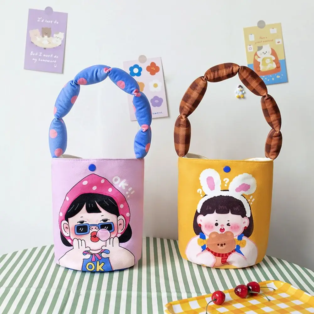 

Cartoon Printed Bucket Bag Gift Large Capacity Portable Lunch Pouch Canvas Handbag