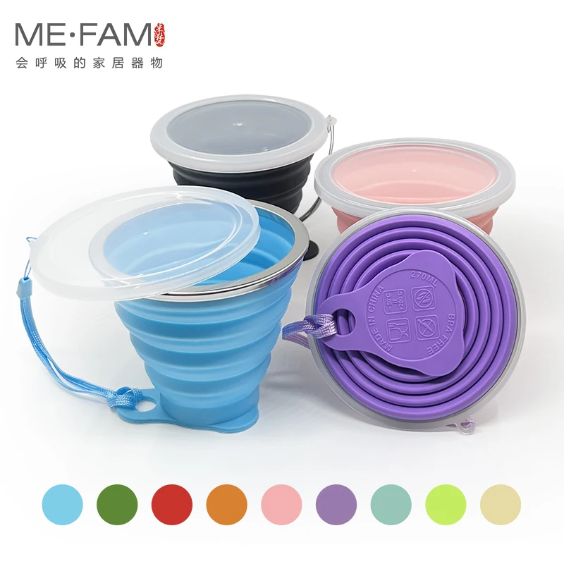 Set of 4pcs 270ml Outdoor Silicone Folding Water Cup With Lanyard / Lid Retractable Travel Mini Coffee Cups Portable Gargle Copa