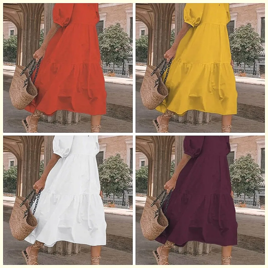 

Summer Retro Sun Protection Dress Women's Casual Short Sleeve Round Neck Beach Dress