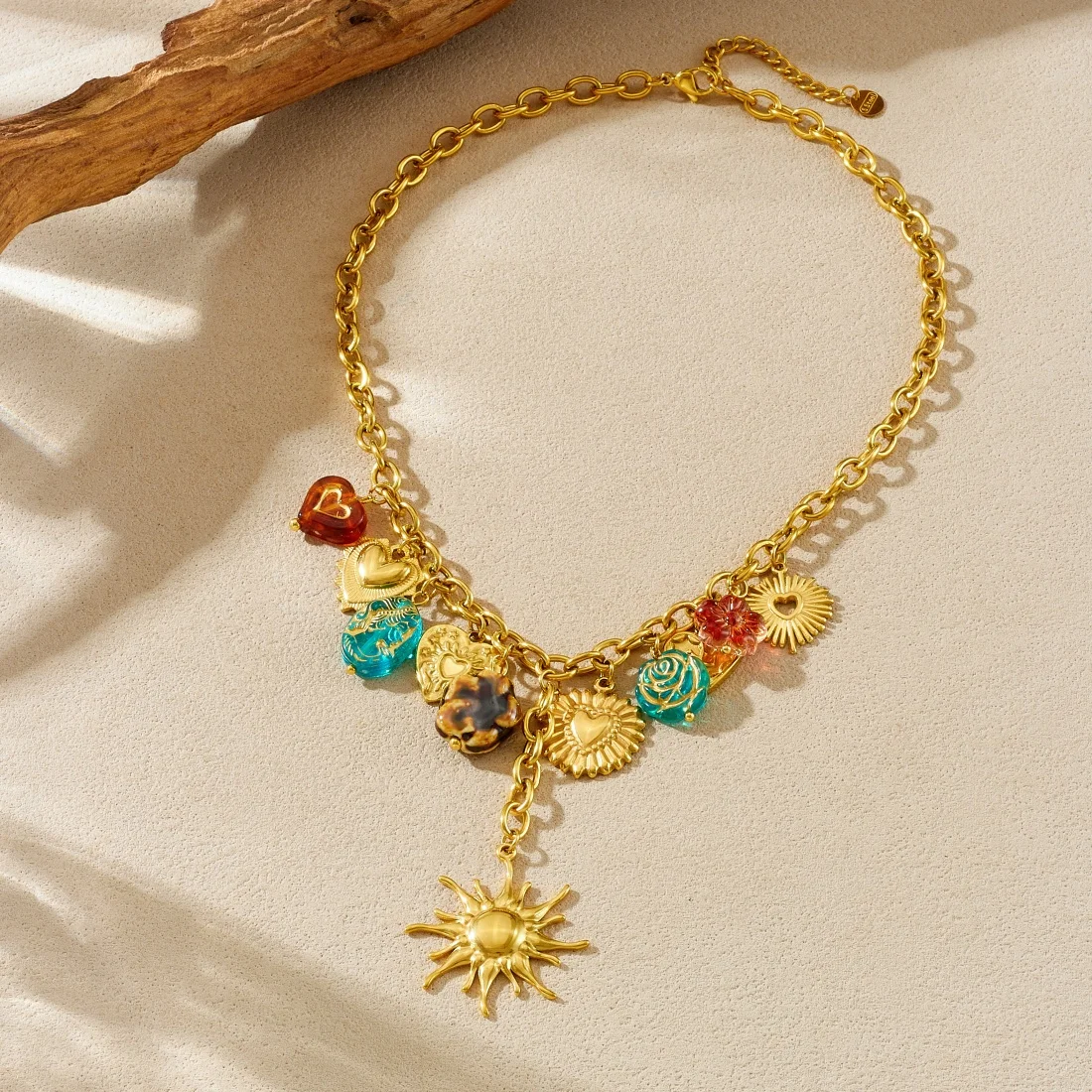 DIEYURO 316L الفولاذ المقاوم للصدأ الاتجاه الملونة غير النظامية القلب الذهبي الشمس قلادة قلادة سيدة مجوهرات مقاومة للماء براقة #5