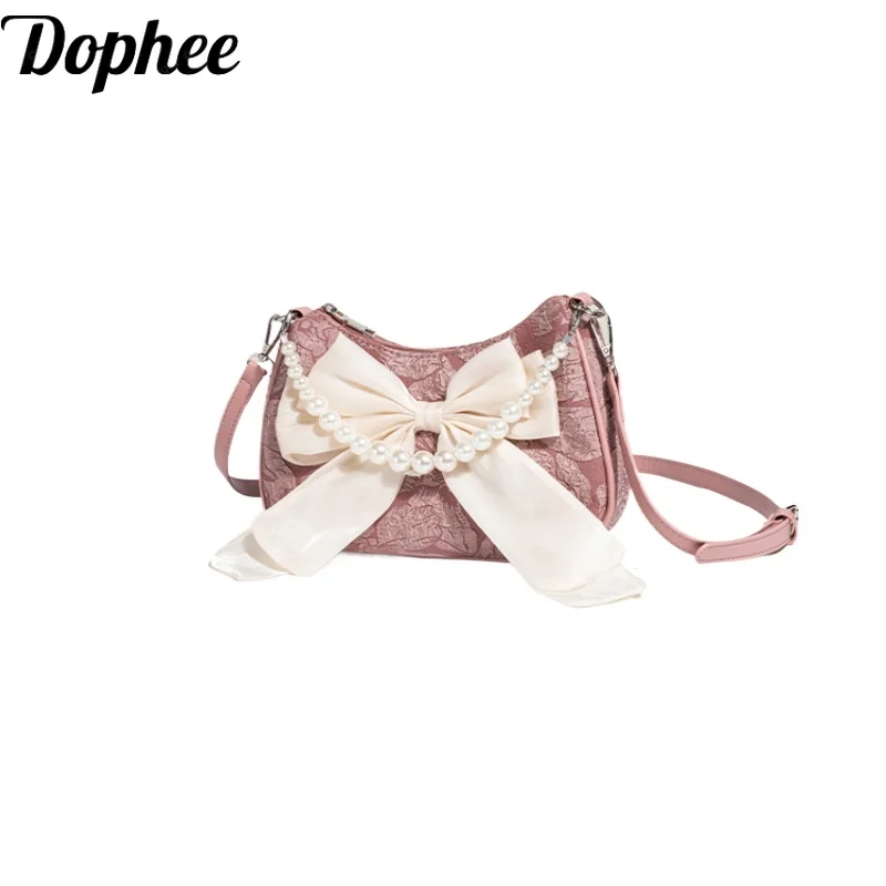 Dophee Original Design Lady Underarm Bag Cute Pearl Bow Pink Handbag 2024 New Fashion Women One Shoulder Crossbody Bags