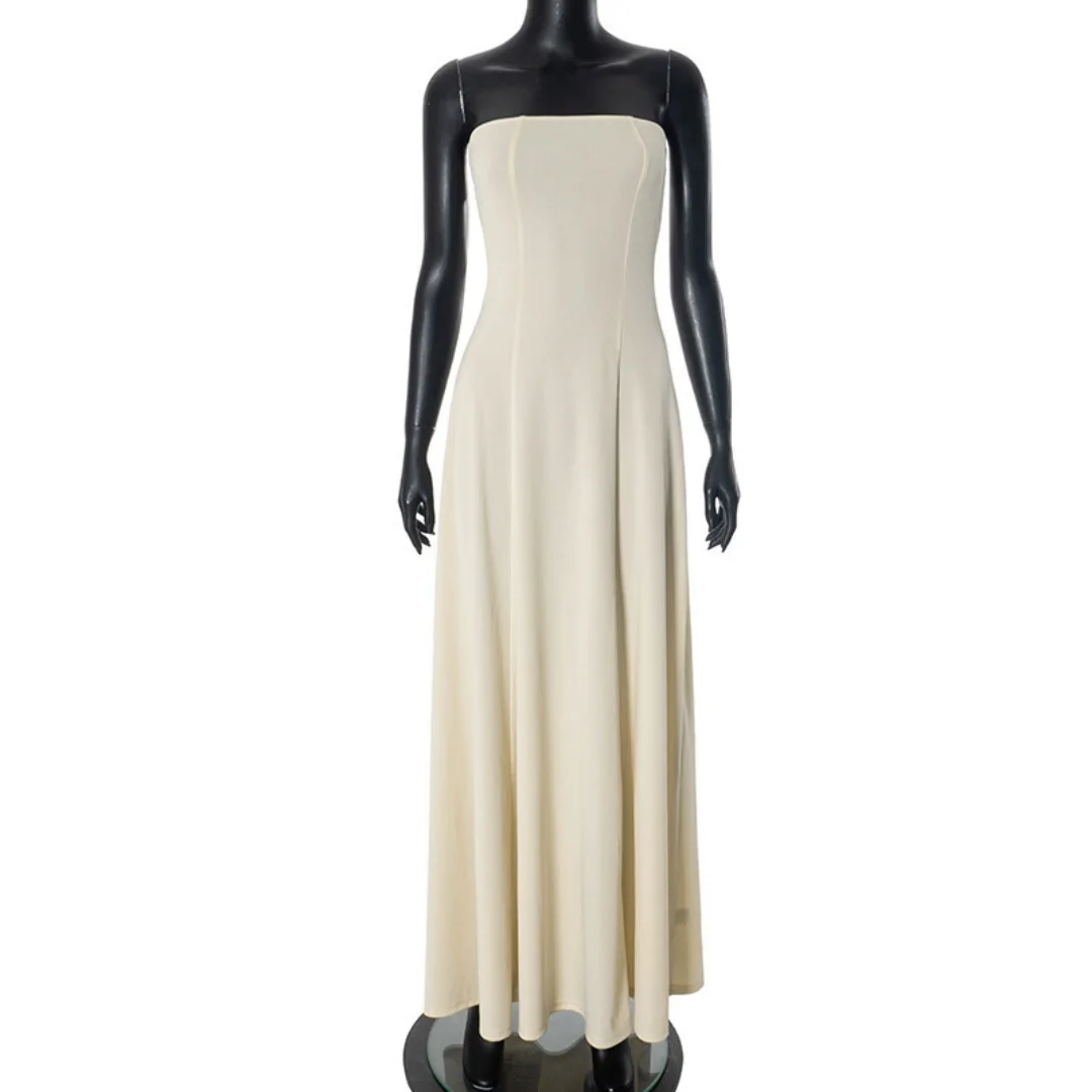 Leichtes Leinen-A-Linien-Kleid für Damen, Sommer 2022, lässiges, solides Midikleid mit Taschen, trägerlos, lang, für Damen, Urlaubsmode