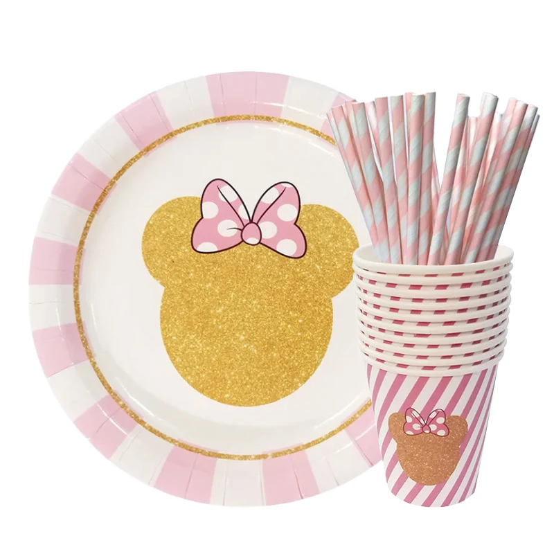 For 10 People Disney Minnie Themed Party Tableware Disposable Paper Cups Paper Plates Paper Straws Napkins Party Tabletop Decora