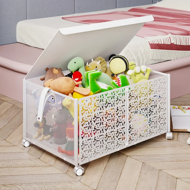 

Children's toy storage box, foldable, mobile, metal dustproof shelves, books, clothes, and storage with lids