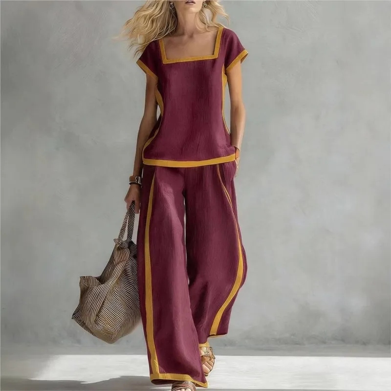 

Casual Loose Women Summer Pants Set 2026 Contrasting Color Tops + Wide Leg Trousers Two-piece Suit Ladies Outfit Streetwear