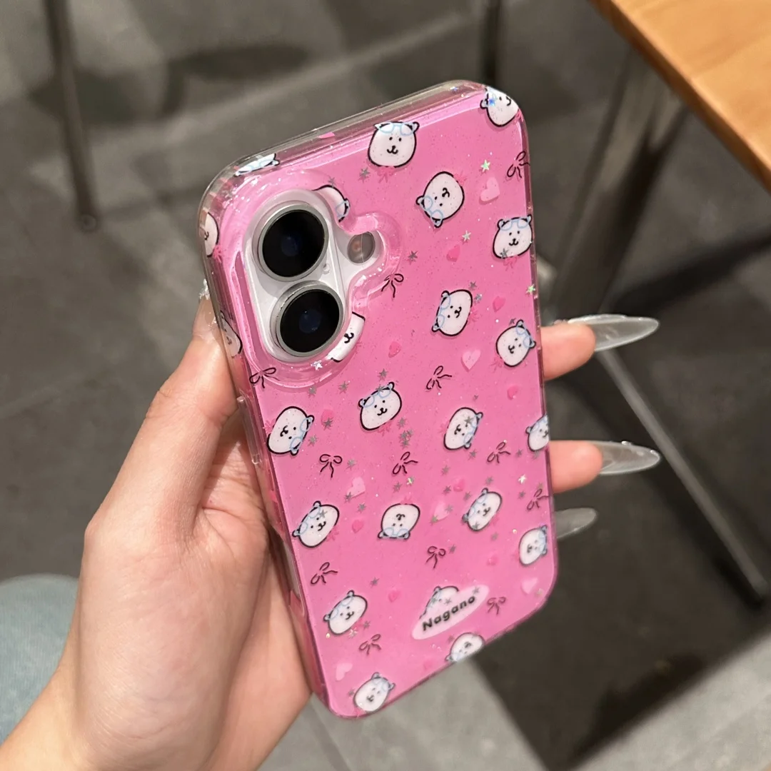 

Lovely Full Screen White Bear heart Pattern Phone Case For iPhone 13 14 15 16 Pro Max Shining stars case Silicone Protecor