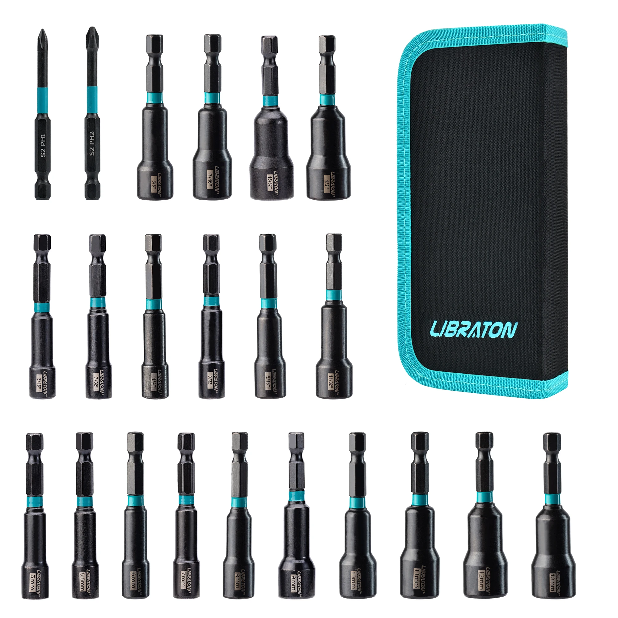 LIBRATON 22-teiliges Schlagbohrer-Bit-Set 1/4" Magnetischer Mutternschlüssel-Satz Metrische und SAE-Mutternschlüssel mit Aufbewahrungstasche – Detail 1