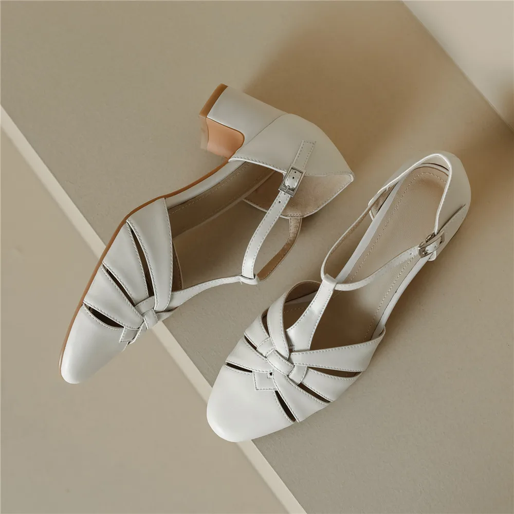 MILI-MIYA Classic T-Belt Design Women Full Genuine Leather Sandals Thick Heels Weave Upper Round Toe Solid Color Dress Party