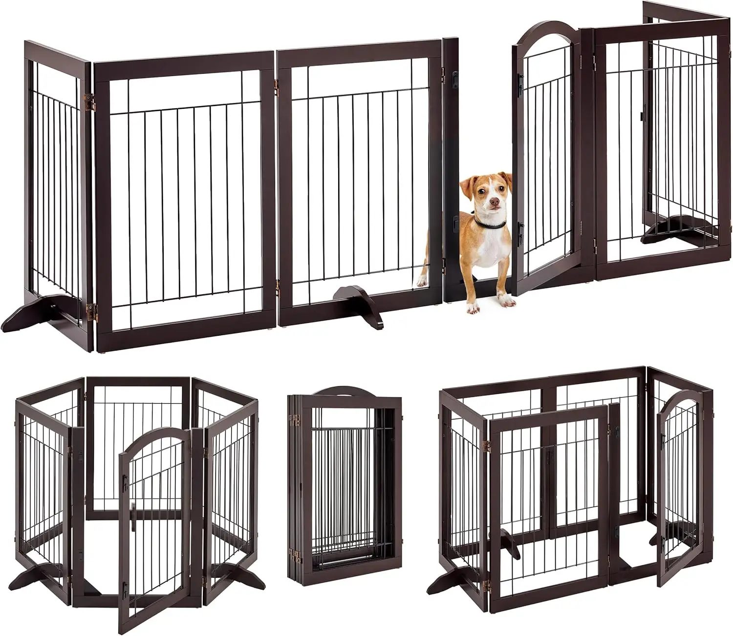 32-inch Tall Dog Gate with Door Extra Wide Pet Gate for Dogs, Foldable Wire & Wooden Puppy Safety Fence w/3 Support Feet