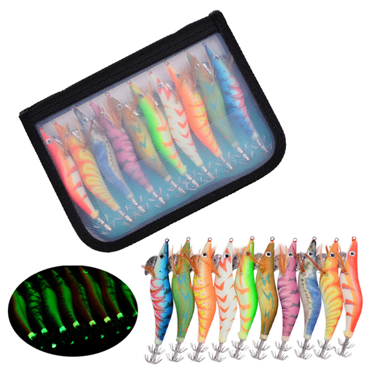 10pcs Premium Wooden Fishing Lure Squid Jig Hook - Realistic Shrimp and Cuttlefish Design - Hard Bait for Saltwater/Freshwater F