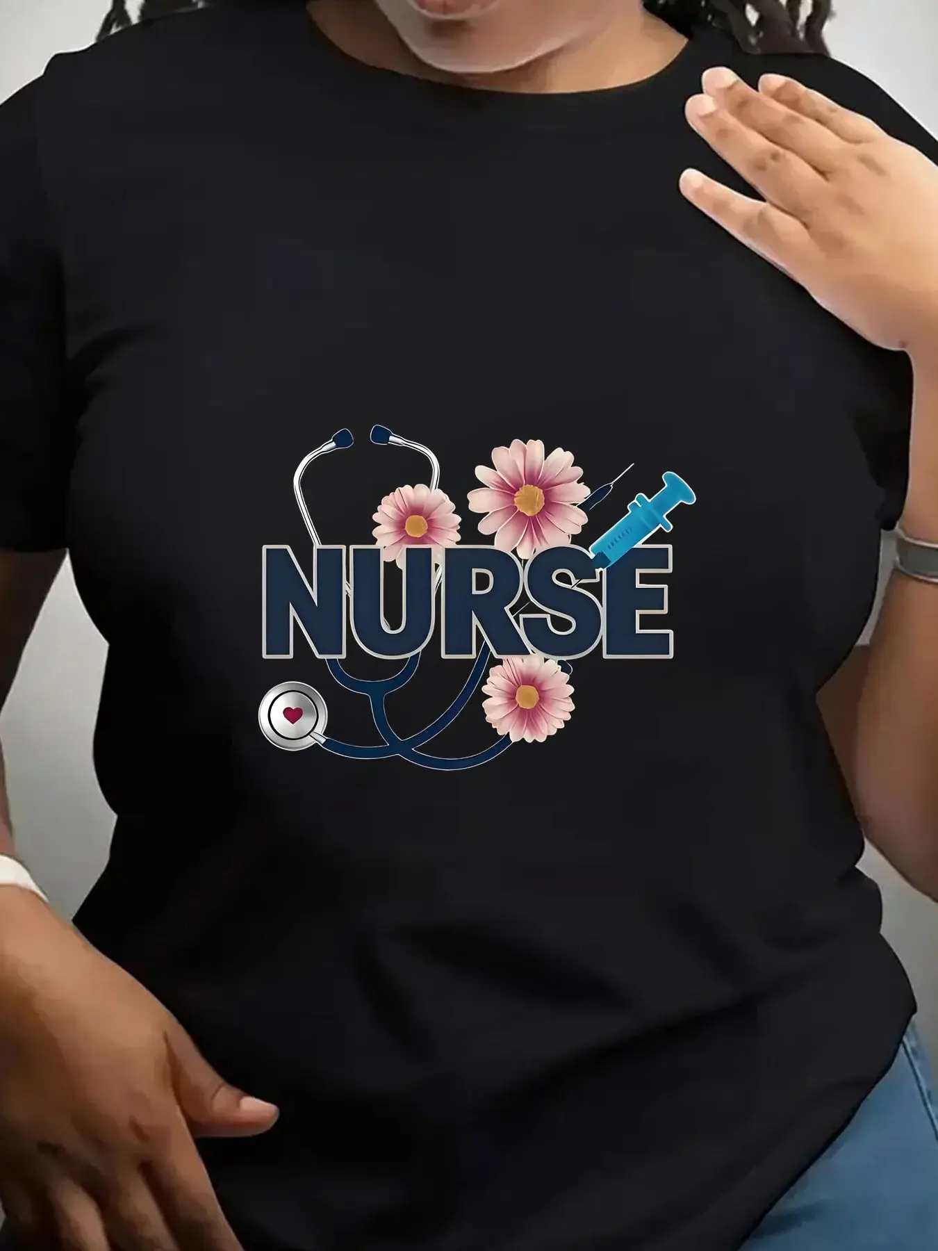 Women's Trendy Crew Neck T-Shirt Nurse Stethoscope Flower Syringe Design Suitable for Casual Sportswear