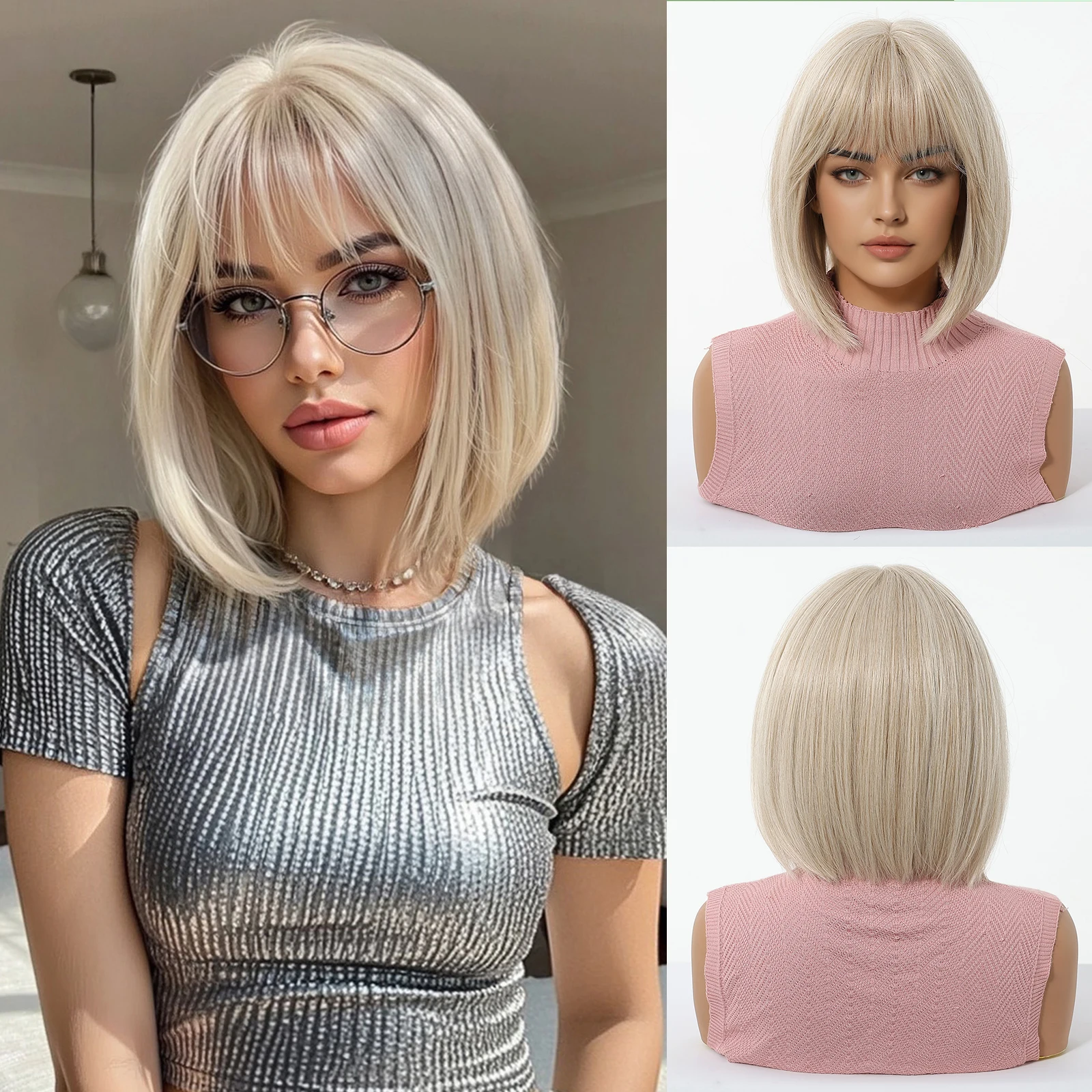 

ALAN EATON Synthetic Wig with Bangs Straight Short Blonde Mixed Platinum Wig with for Women Natural Daily Cosplay Heat Resistant